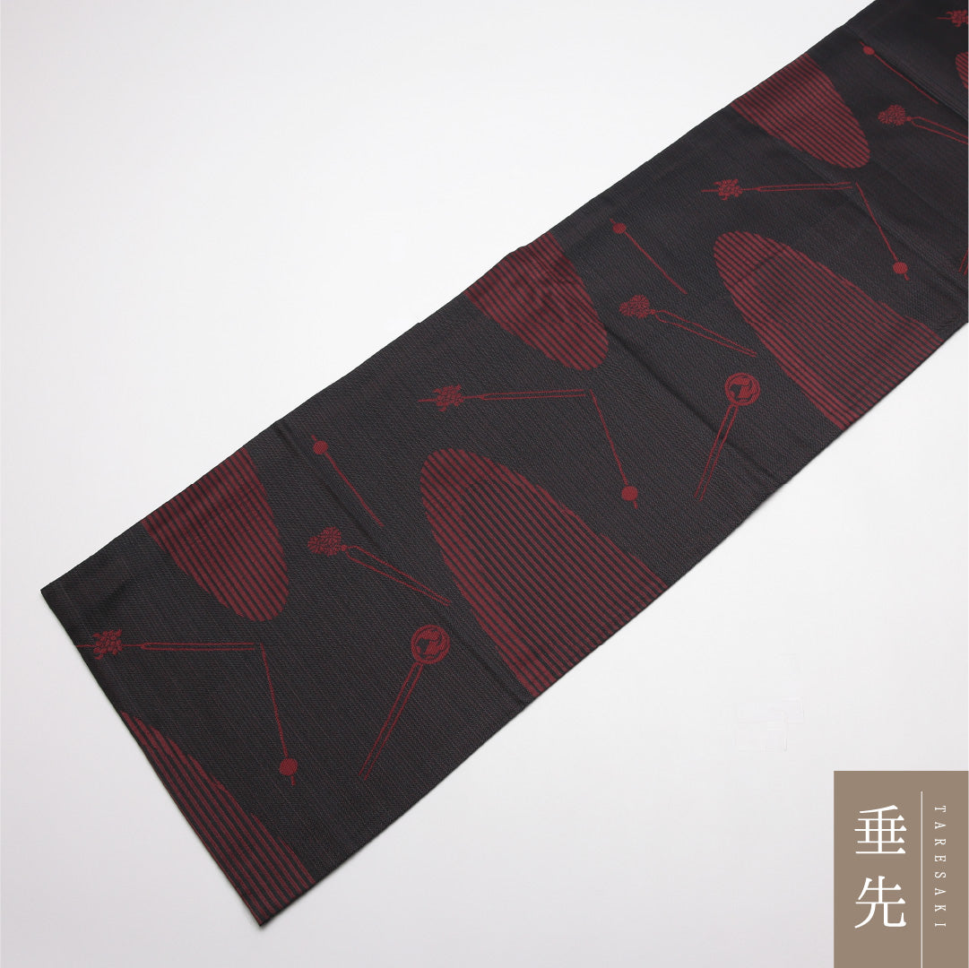 夏物 名古屋帯 帯丈364cm Aランク 開き仕立て 全通 ポリエステル 簪 カジュアル 黒系 1224-01904