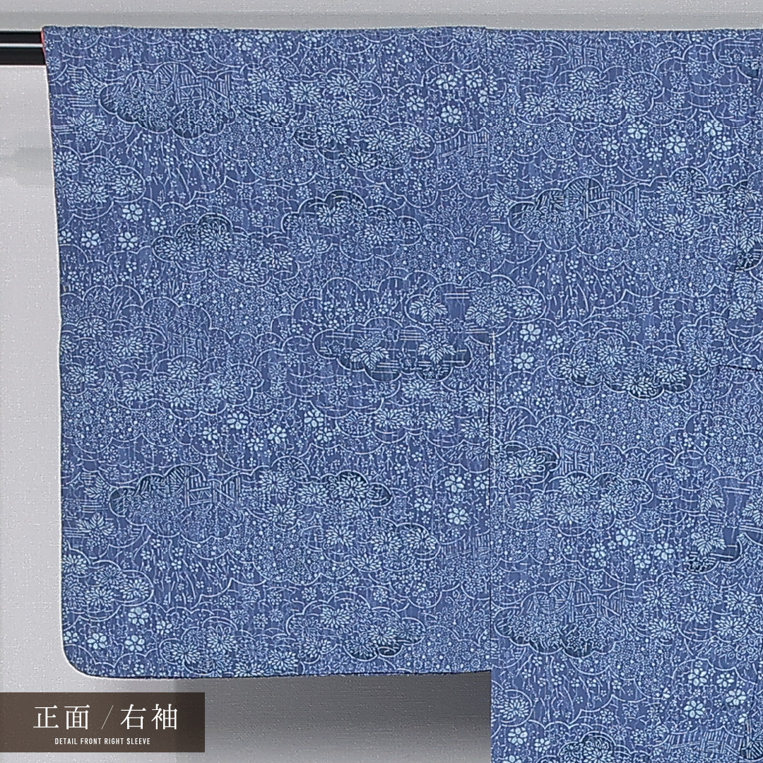 洗える着物 小紋 袷 身丈157cm 裄丈62cm ポリエステル Cランク インフォーマル バチ衿 Mサイズ 茶屋辻 花柄 紅葉 青系 LP 1221-12047
