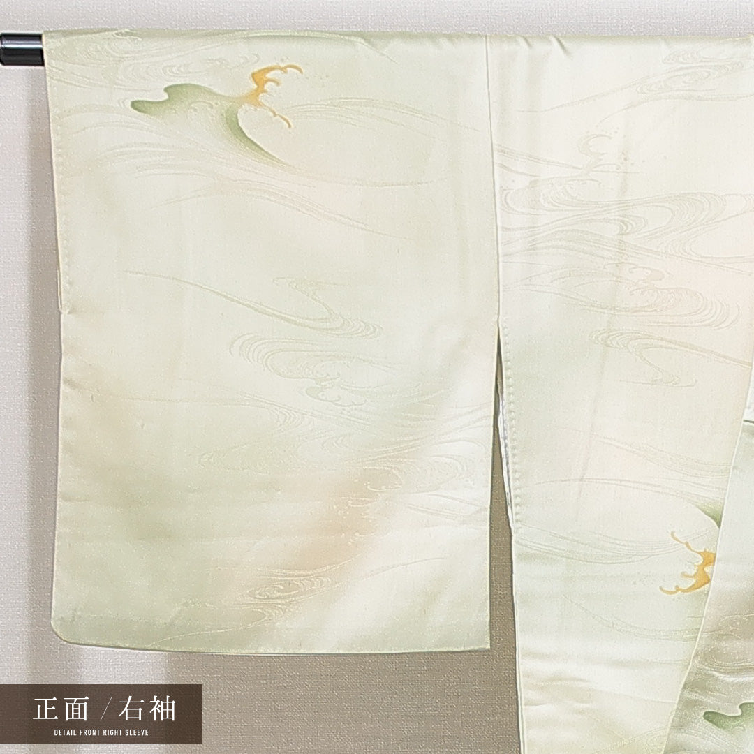 小紋 洗える着物 袷 身丈156cm 裄丈66cm ポリエステル Cランク Mサイズ 広衿 インフォーマル 織り出し 波頭 緑系 1215-14976