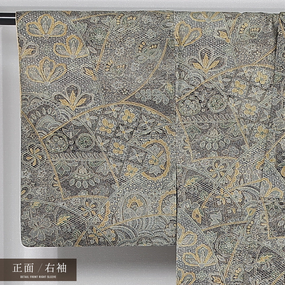 小紋 (お召) 袷 身丈160cm 裄丈64cm 正絹 Aランク インフォーマル 広衿 Lサイズ 花柄 緑系 RP 1221-11926