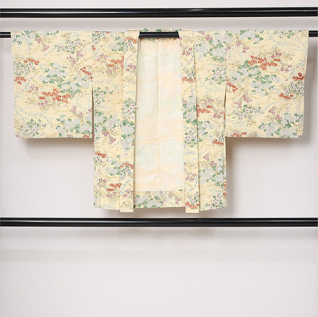 羽織 袷 身丈72cm 裄丈63cm 正絹 Sランク カジュアル Sサイズ 花柄 クリーム系 RP 1232-12902