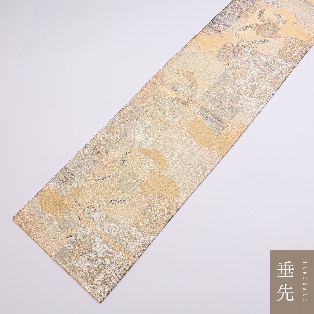 袋帯 帯丈424cm 六通 佐賀錦 桐 笠松 鶴 吉祥文様 セミフォーマル 金系 正絹 Aランク 1223-00888