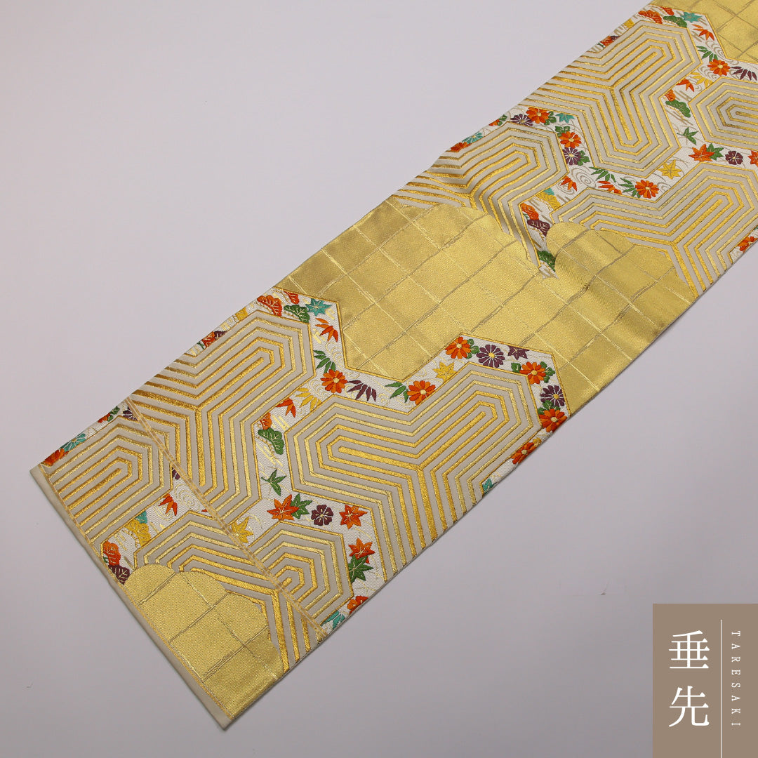 袋帯 帯丈432cm 正絹 六通 フォーマル 毘沙門亀甲 雲取り 龍田川 白系 黄系 1243-01360