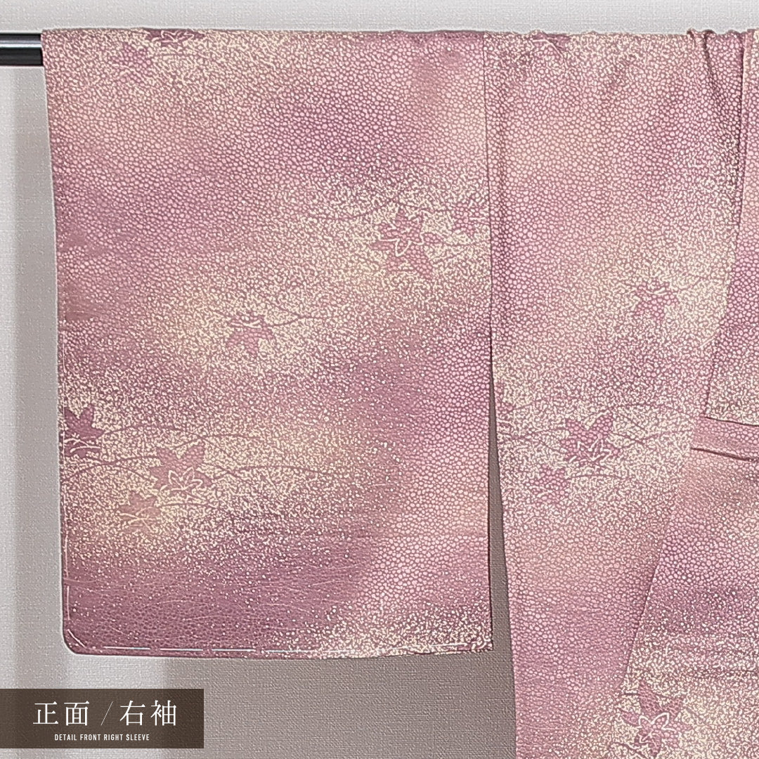 紬 洗える着物 袷 身丈153cm 裄丈63cm ポリエステル Sランク Sサイズ 広衿 カジュアル 楓 しつけ糸 紫系 1216-14975