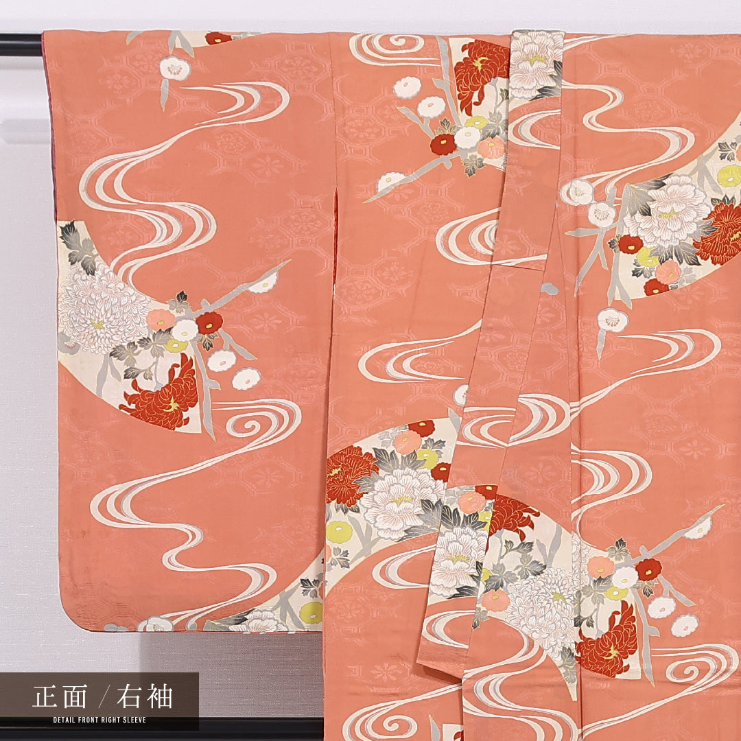 アンティーク 小紋 袷 身丈145cm 裄丈60cm 正絹 Bランク バチ衿 XSサイズ 小振袖 流水 菊 ピンク系 M4 1221-11677