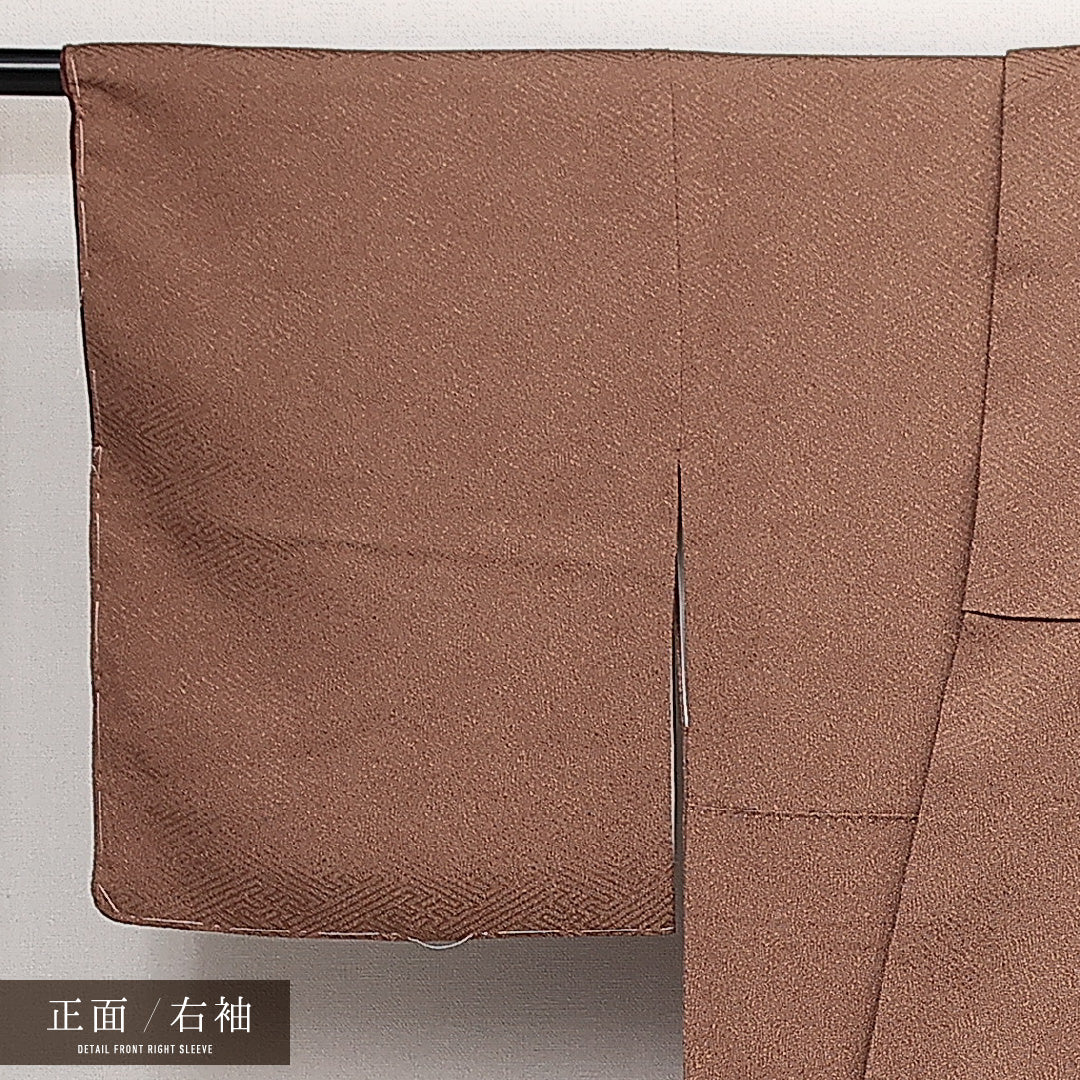 未使用品 江戸小紋 (鮫) 袷 身丈156cm 裄丈64cm 正絹 Nランク 一つ紋 (五三桐) 紋意匠 (紗綾形) セミフォーマル 広衿 Mサイズ 伊勢型 型染め しつけ糸 茶系 M4 1220-14056