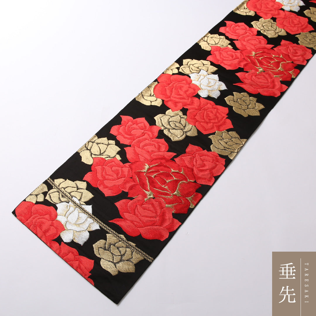 袋帯 帯丈408cm 正絹 六通 インフォーマル 薔薇 黒系 1243-01691