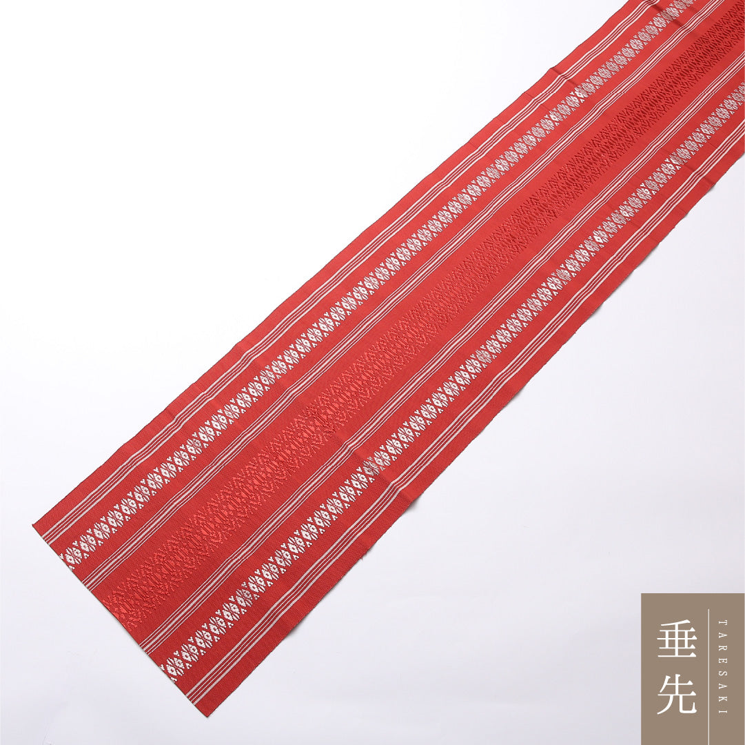 名古屋帯 全通 帯丈348cm カジュアル Aランク 正絹 本場筑前博多織 献上柄 赤系 1224-02492