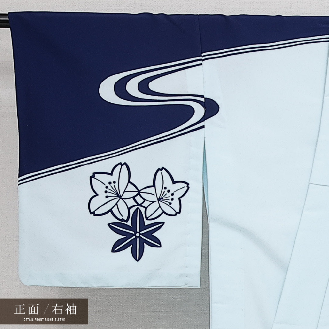 訪問着 単衣 洗える着物 身丈155cm 裄丈64cm Sランク ポリエステル 広衿 Mサイズ セミフォーマル 鳥 流水 ポップ 鮮やか 水色系 青系 1212-14246