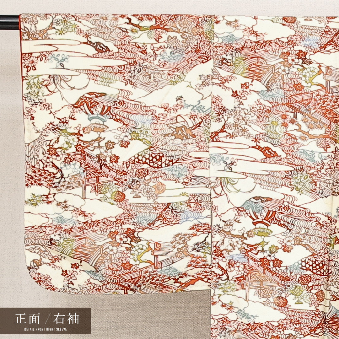 小紋 袷 身丈159cm 裄丈64cm 正絹 Cランク Mサイズ 広衿 インフォーマル 京紅型 御所解 クリーム系 1215-14597