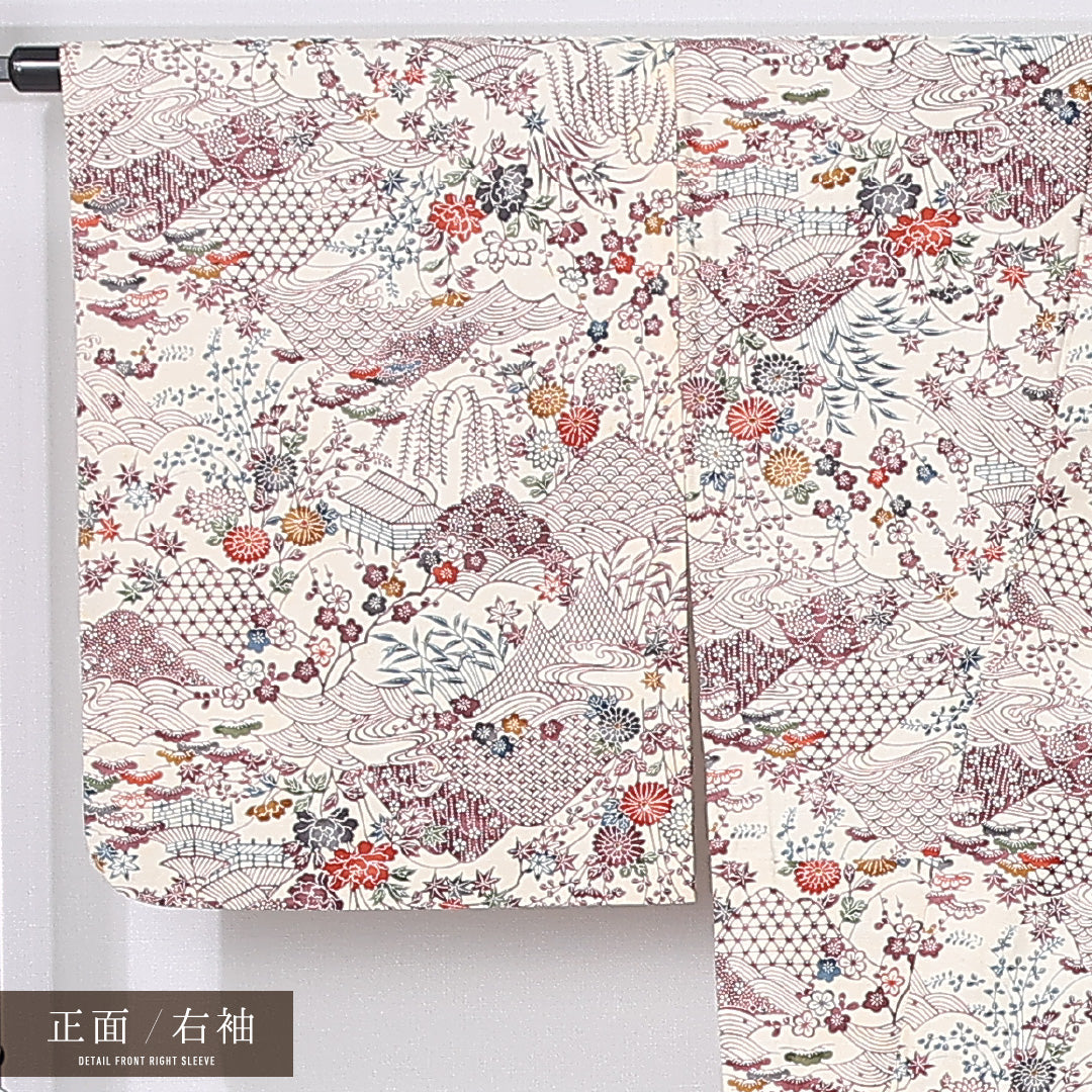 紬 身丈164cm 裄丈66cm Cランク L 正絹 単衣 広衿 茶屋辻 後染め カジュアル クリーム系 1216-12216