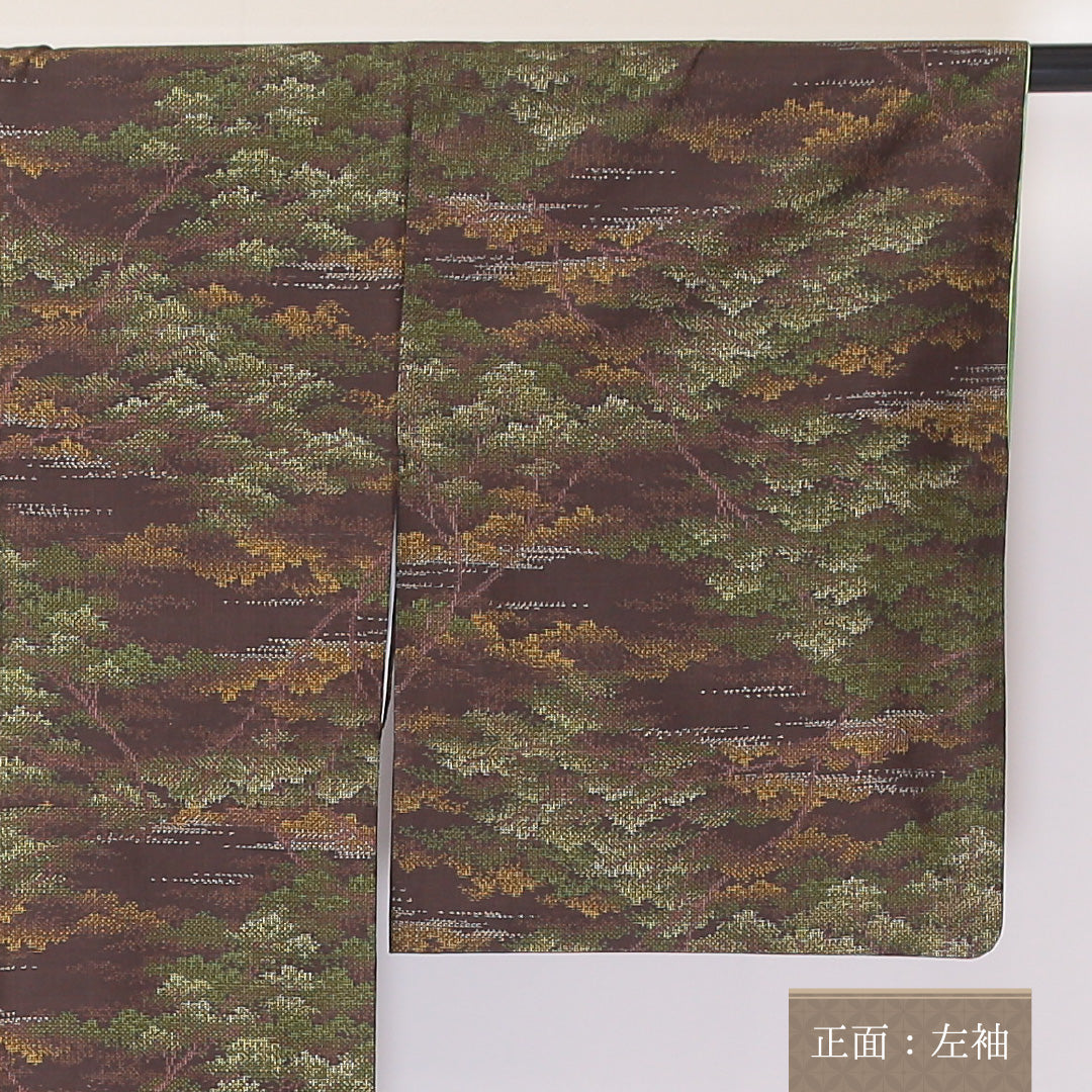 大島紬 袷 身丈154cm 裄丈64cm 正絹 Aランク インフォーマル 広衿 Sサイズ 遠山 茶系 RP 1223-03623