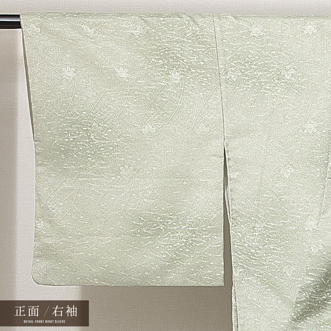 洗える着物 小紋 袷 身丈159cm 裄丈63cm ポリエステル Sランク インフォーマル 広衿 Mサイズ 芝草 桐 緑系 RP 1221-14930