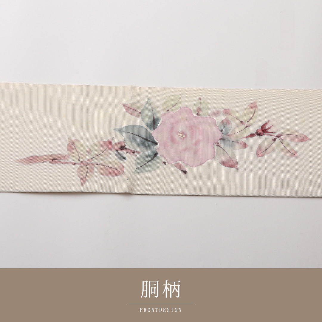 名古屋帯 ポイント柄 帯丈371cm カジュアル Cランク 正絹 塩瀬 薔薇 椿 クリーム系 1224-02319