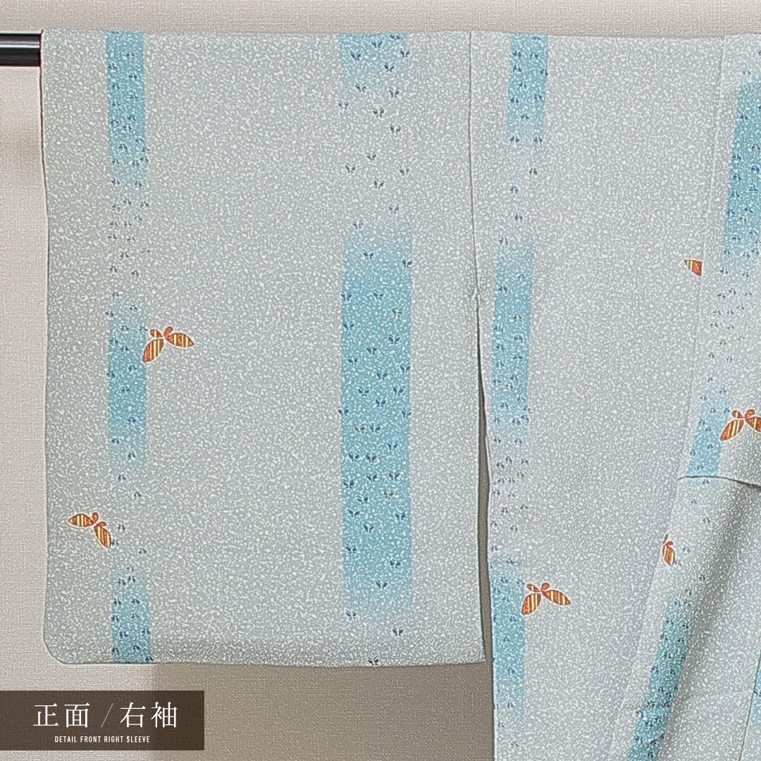 洗える着物 小紋 袷 身丈166cm 裄丈61cm ポリエステル Bランク インフォーマル 広衿 XLサイズ 蝶 グレー系 RP 1221-14919