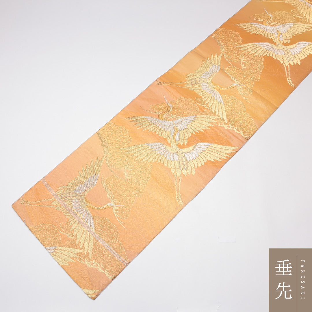 袋帯 帯丈412cm 六通 鶴 松 フォーマル 朱系 正絹 Aランク 1223-01325