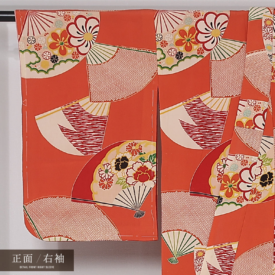 アンティーク 小紋 (錦紗) 袷 身丈151cm 裄丈64cm 正絹 Aランク バチ衿 Sサイズ 扇 亀甲 花柄 朱系 M4 1221-12022