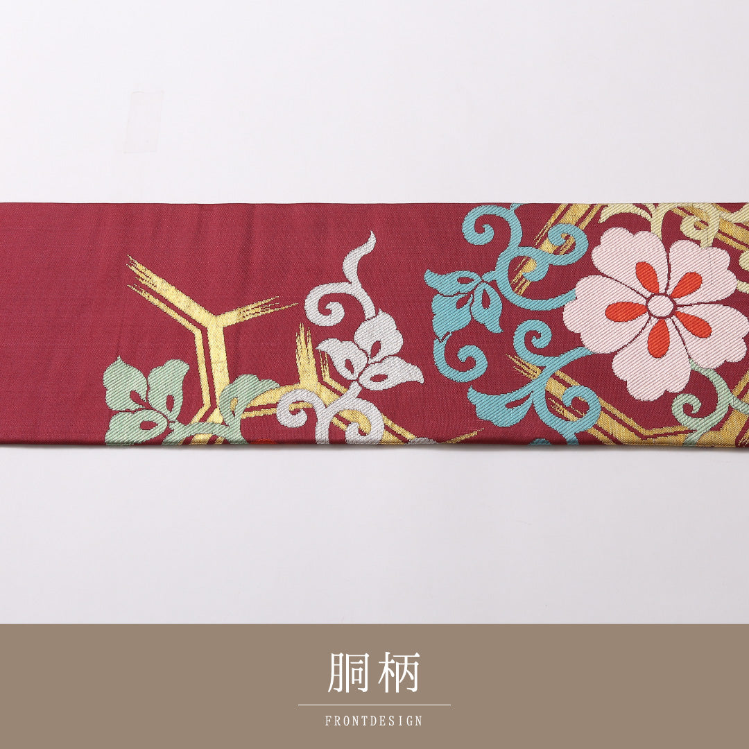 アンティーク 九寸 名古屋帯 帯丈320cm 名古屋仕立て ポイント柄 Aランク 正絹 唐草 蜀江 古典的 華やか 紫系 赤系 1224-02974