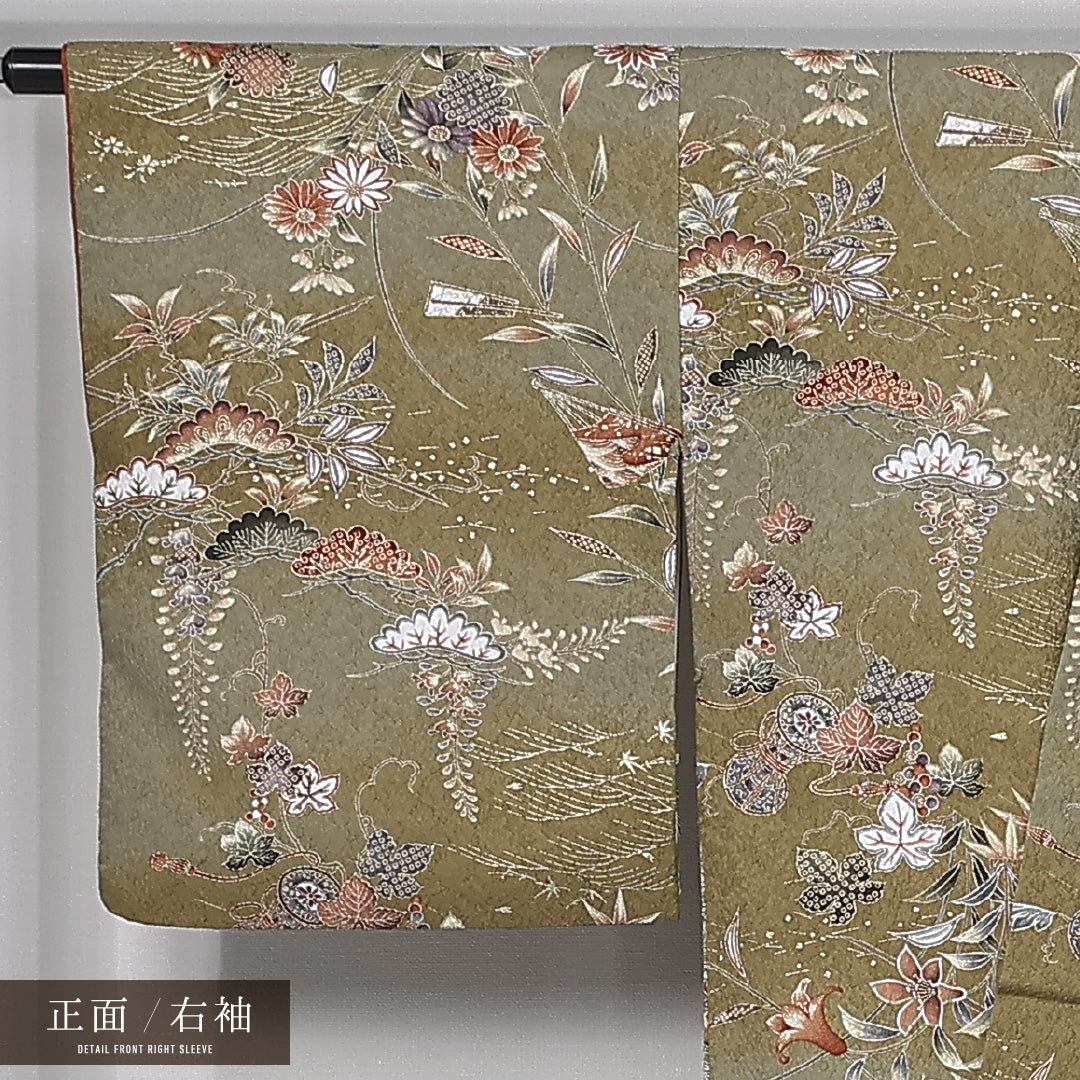 小紋 袷 身丈159cm 裄丈64cm 正絹 Sランク インフォーマル 広衿 Mサイズ 型染め ぼかし染 鼓 花柄 吉祥文様 緑系 RP 1221-11980