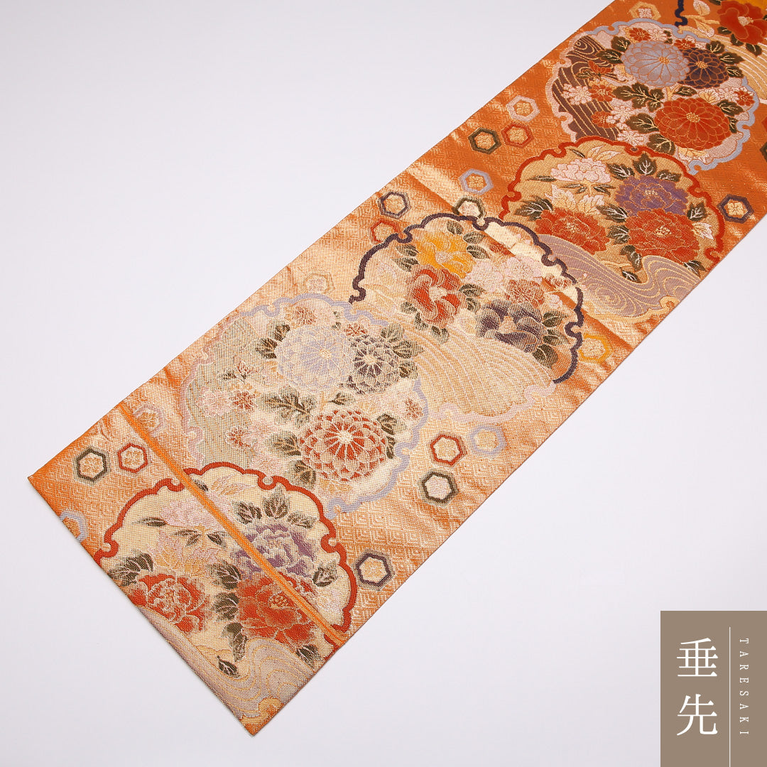 袋帯 帯丈440cm 正絹 全通 フォーマル 佐賀錦 雪輪 菊 朱系 1243-01052