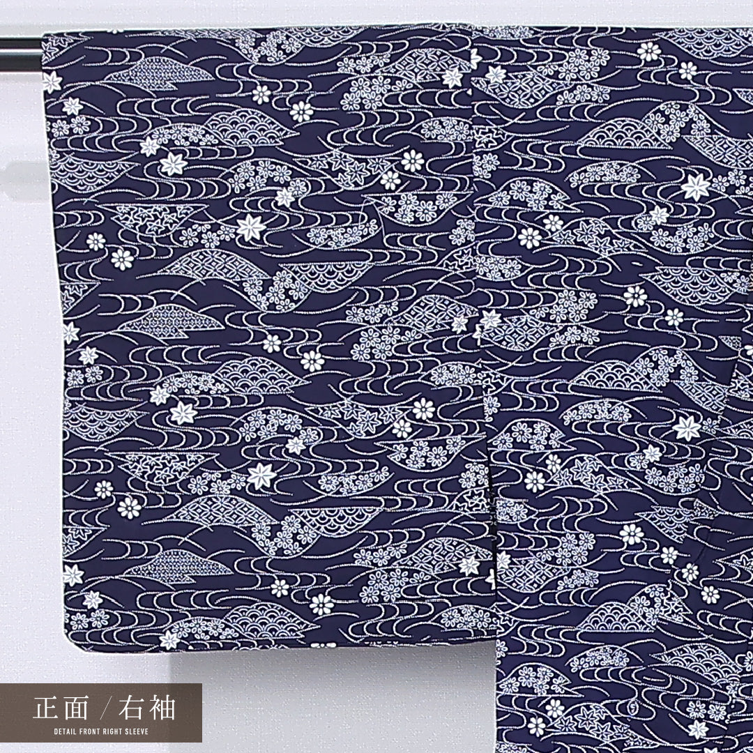 浴衣 身丈159cm 裄丈62cm Bランク M 木綿 洗える着物 単衣 バチ衿 観世水 青海波 菊 楓 カジュアル 紺系 1218-12300