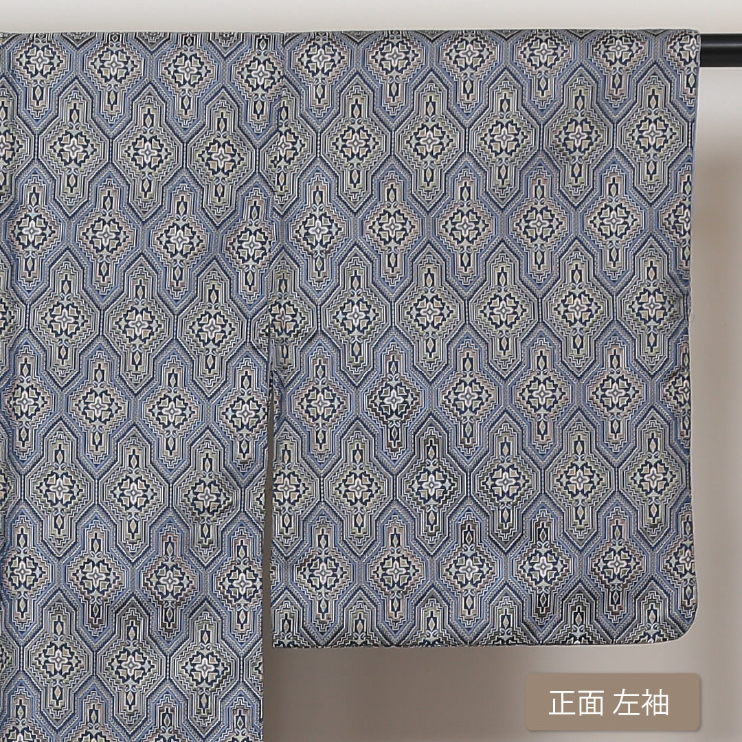 紬 洗える着物 袷 身丈158cm 裄丈60cm ポリエステル Sランク Mサイズ 広衿 カジュアル 花菱 グレー系 1216-01385