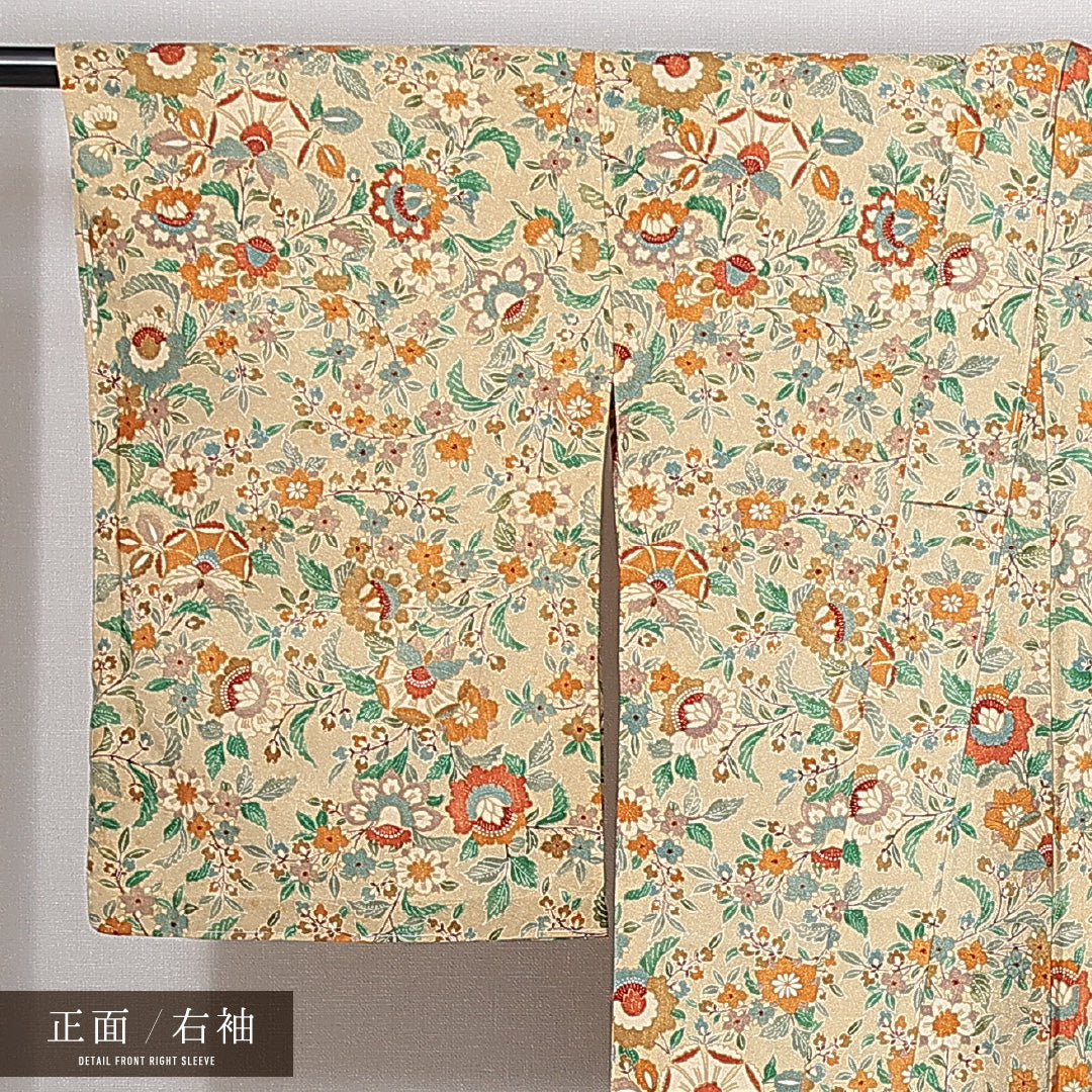 小紋 洗える着物 単衣 身丈158cm 裄丈65cm ポリエステル Cランク Mサイズ バチ衿 インフォーマル 花柄 ベージュ系 1215-15003