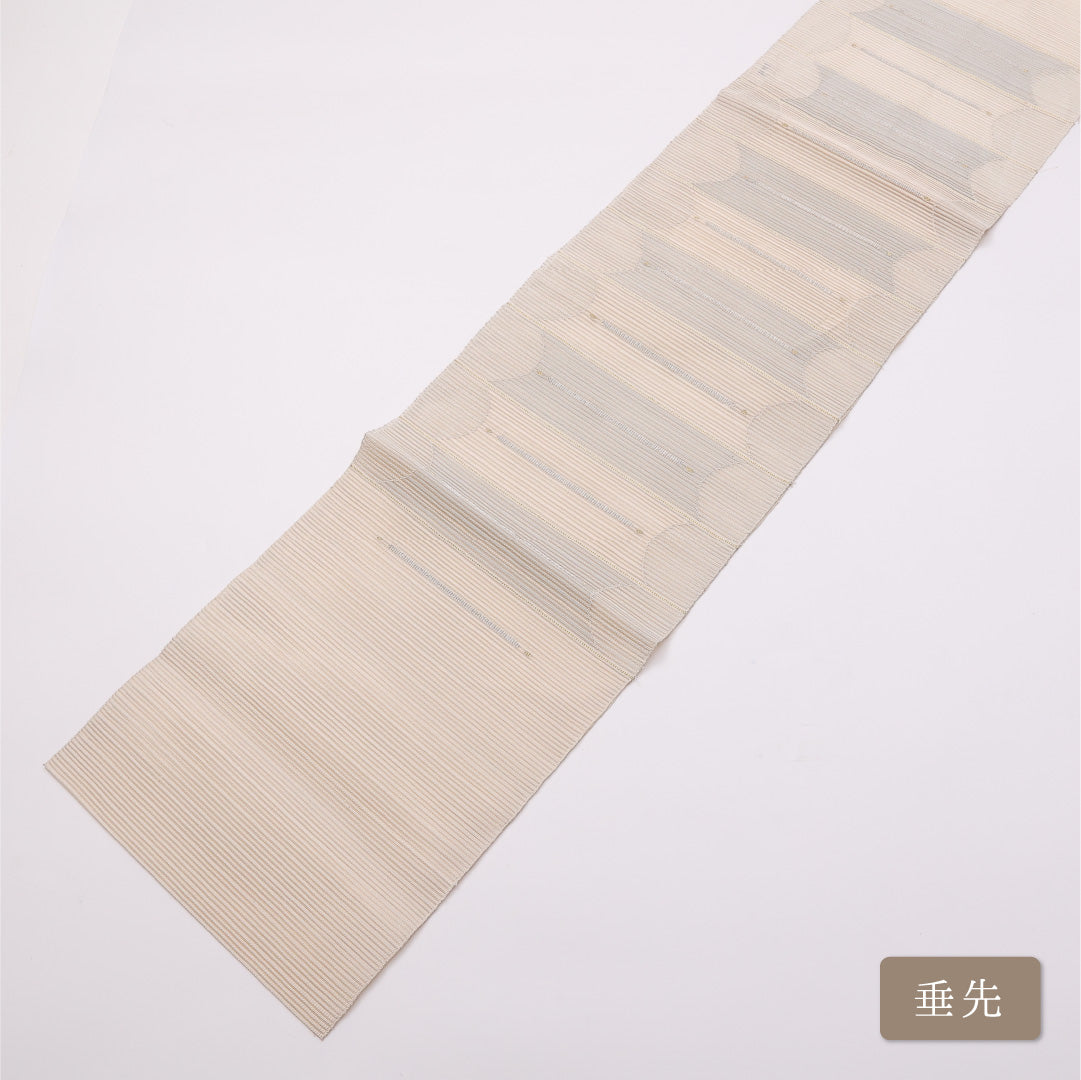名古屋帯 夏帯 帯丈378cm ポイント柄 松葉仕立て Sランク セミフォーマル 金銀糸 シルクガード 絽 正絹 クリーム系 1224-00979