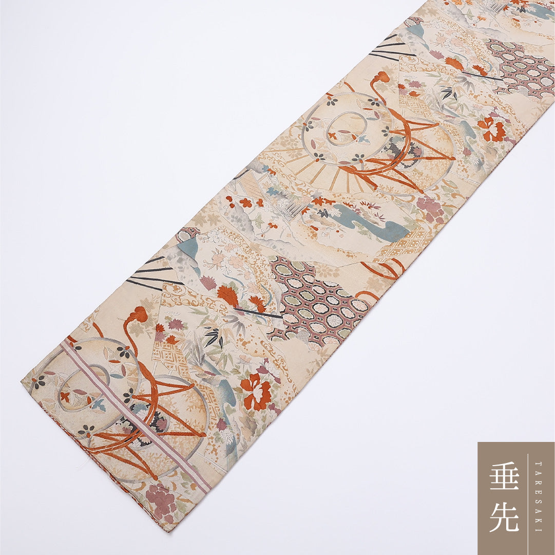 アンティーク 京袋帯 名古屋帯 帯丈370cm 全通 袋仕立て Cランク セミフォーマル リバーシブル 正絹 クリーム系 1224-01364