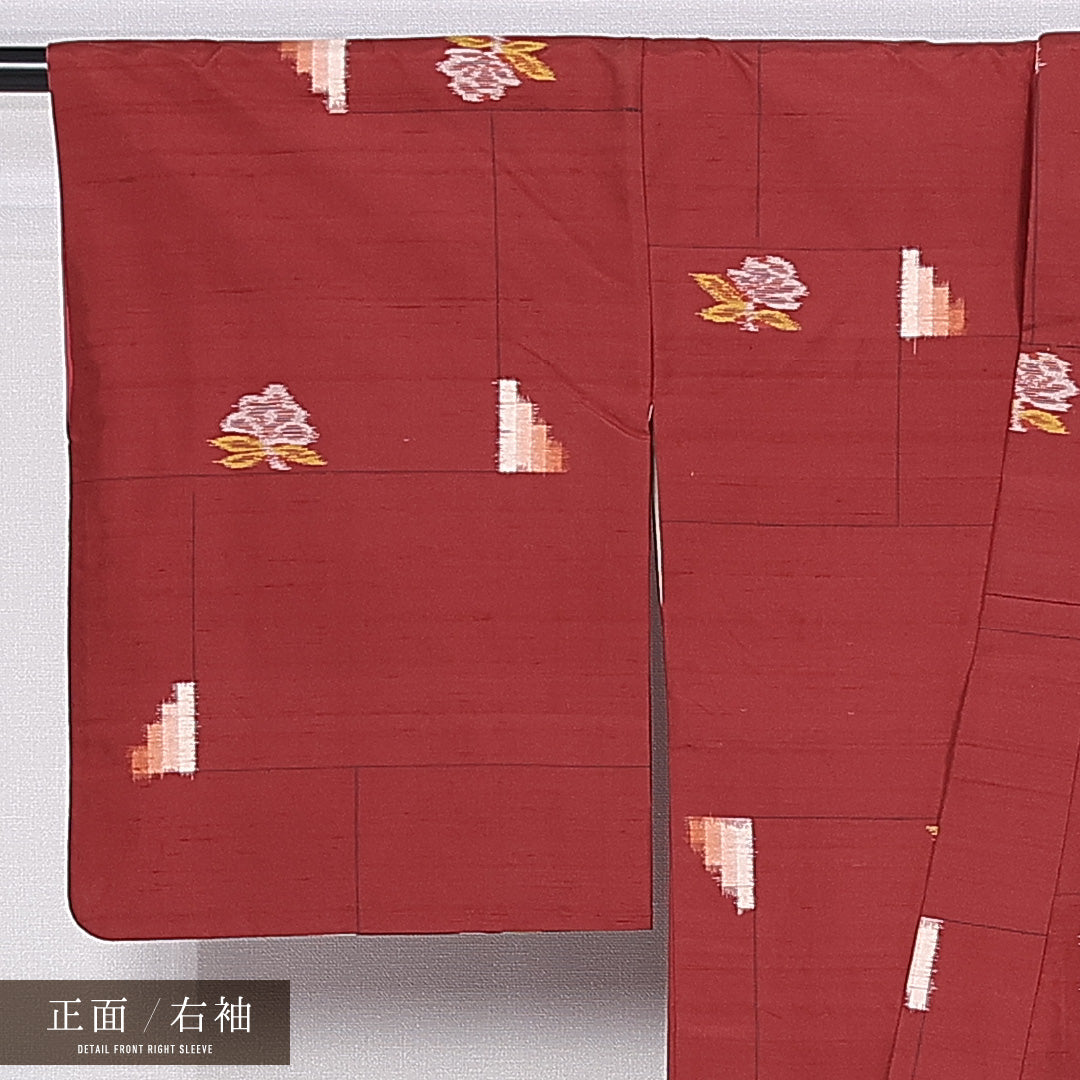 アンティーク 銘仙の着物 袷 身丈160cm 裄丈62cm 正絹 Cランク バチ衿 Lサイズ 花柄 朱系 RP 1223-11318