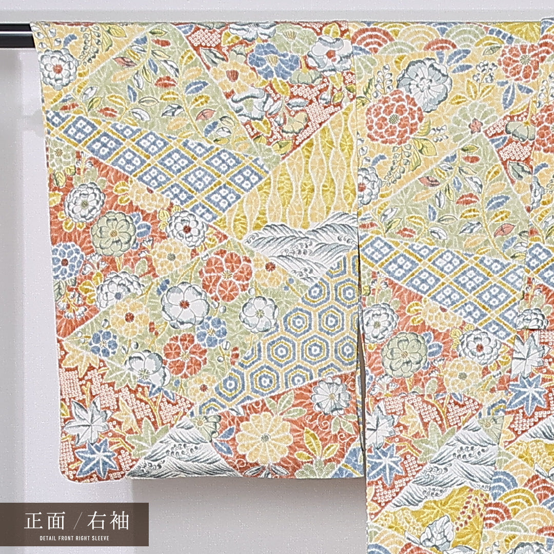 小紋 身丈157cm 裄丈64.5cm Sランク M 正絹 単衣 広衿 ちりめん 吉祥文様 カジュアル 黄系 1215-12305