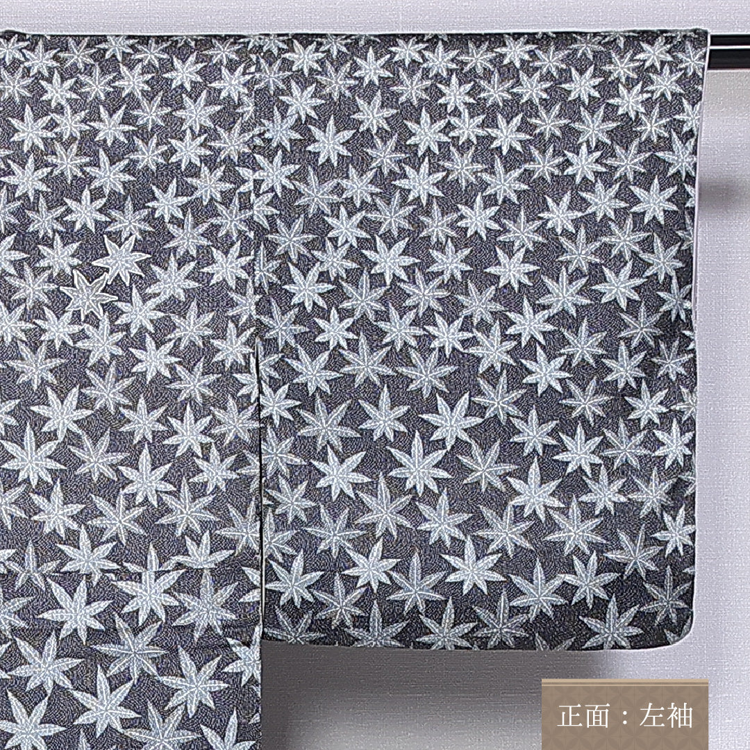 小紋 身丈154cm 裄丈63cm S 正絹 Bランク 袷 広衿 紅葉 刺繍 銀糸 1215-10528