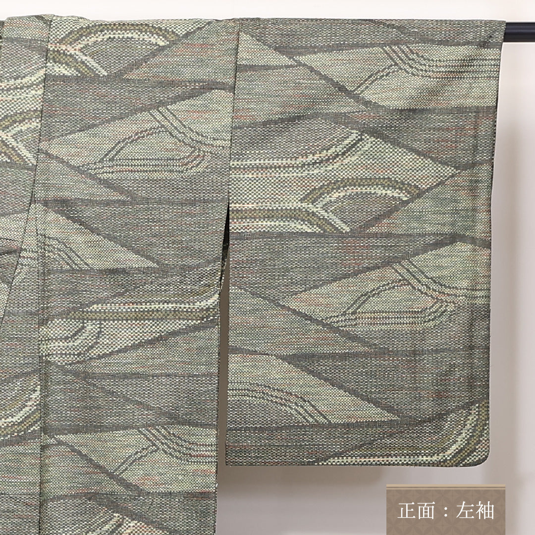 紬 単衣 身丈156cm 裄64cm 洗える着物 ウール 幾何学 割付 緑系 Sランク 1216-01181