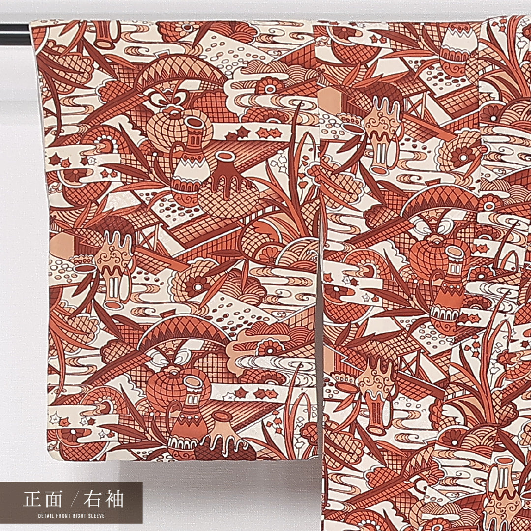 アンティーク 小紋 袷 身丈149cm 裄丈64cm 正絹 Aランク バチ衿 XSサイズ 壺 朱系 M4 1221-11921