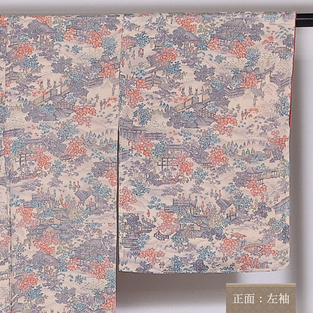 小紋 袷 身丈154cm 裄61.5cm 正絹 御所解 クリーム系 ちりめん Sランク しつけ糸 1215-02465