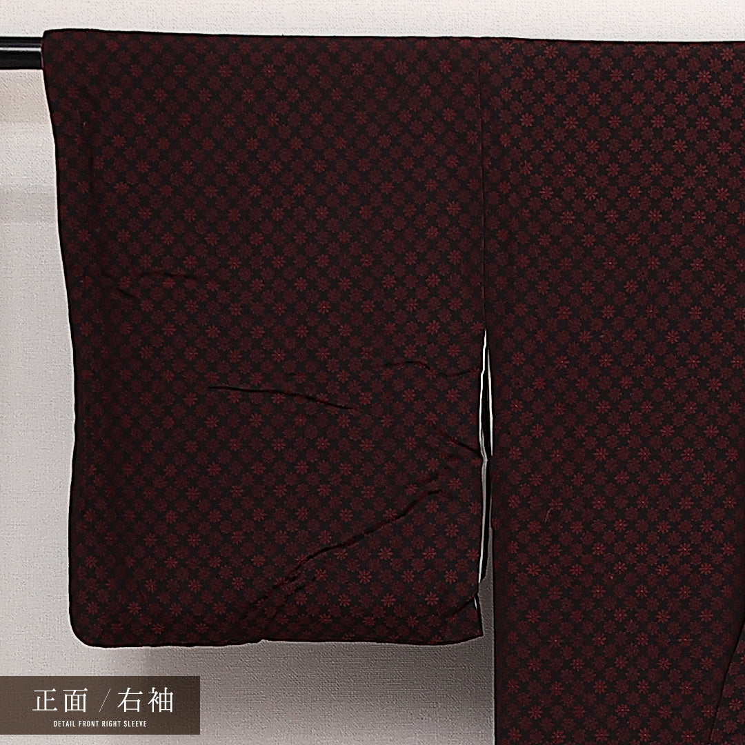 アンティーク お召 袷 身丈153cm 裄丈63cm 正絹 Aランク バチ衿 Sサイズ 花柄 黒系 RP 1222-14082