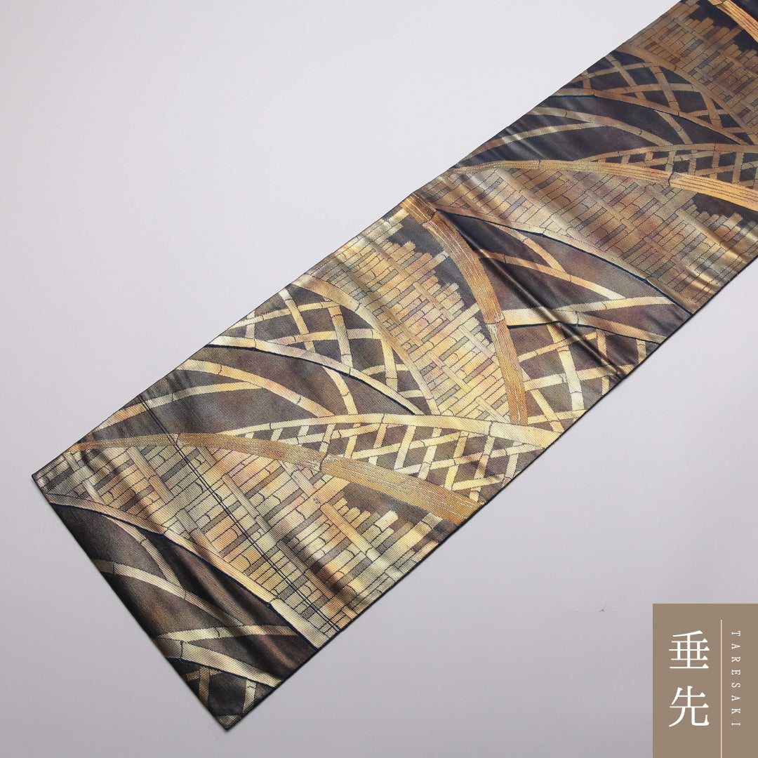 袋帯 帯丈406cm 正絹 六通 セミフォーマル 光悦垣 グレー系 金系 1243-01362