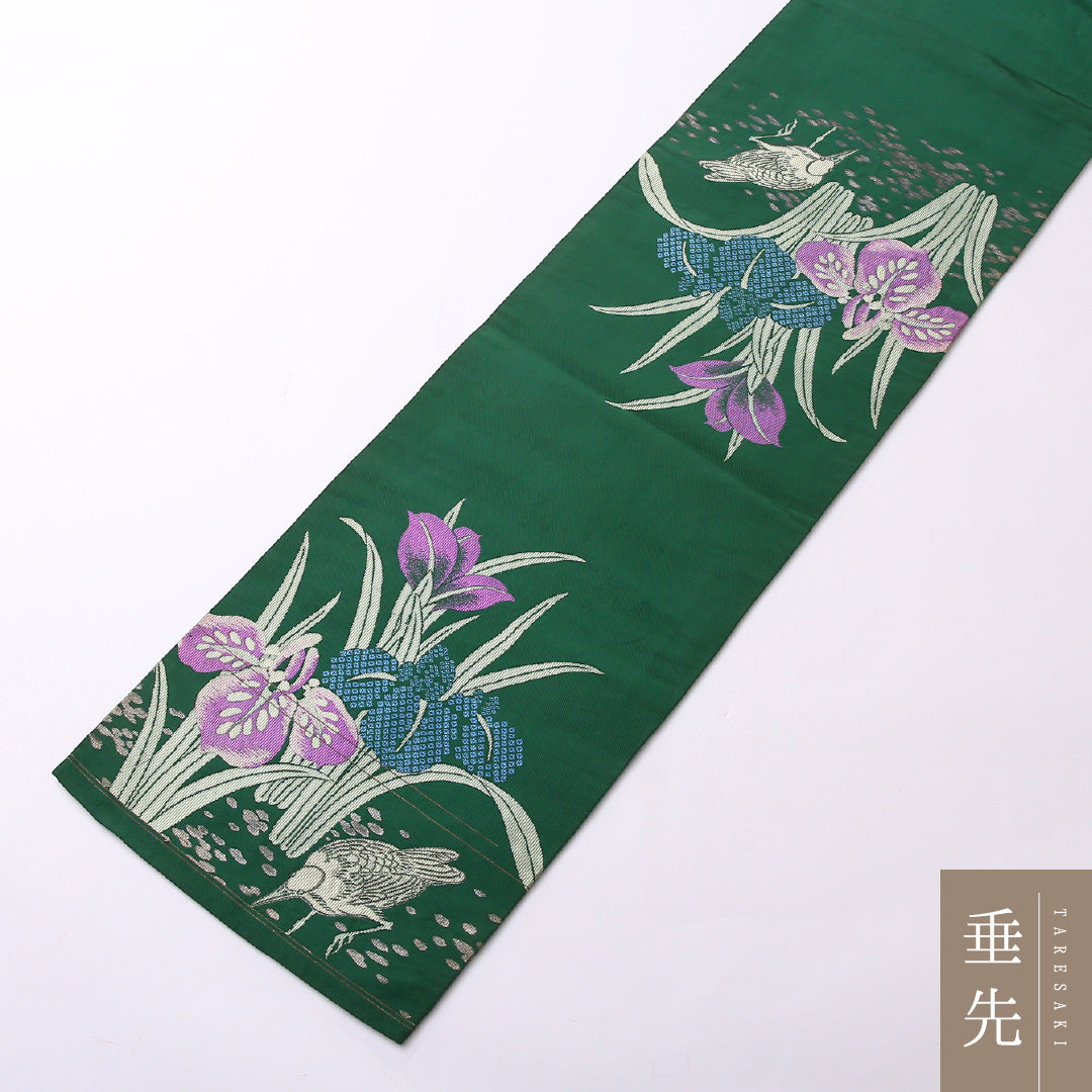 アンティーク 袋帯 帯丈372cm 六通 Aランク 正絹 リバーシブル 杜若 格子 レトロ 粋 緑系 1223-01515