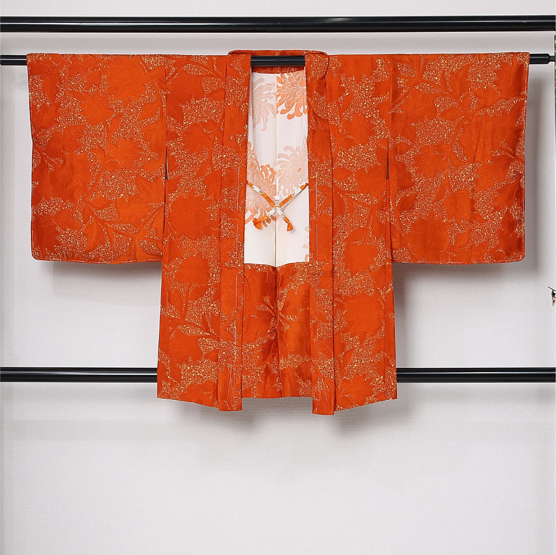 羽織 袷 身丈83cm 裄丈65cm 正絹 Sランク カジュアル Mサイズ 紐あり 植物柄 朱系 RP 1232-12867