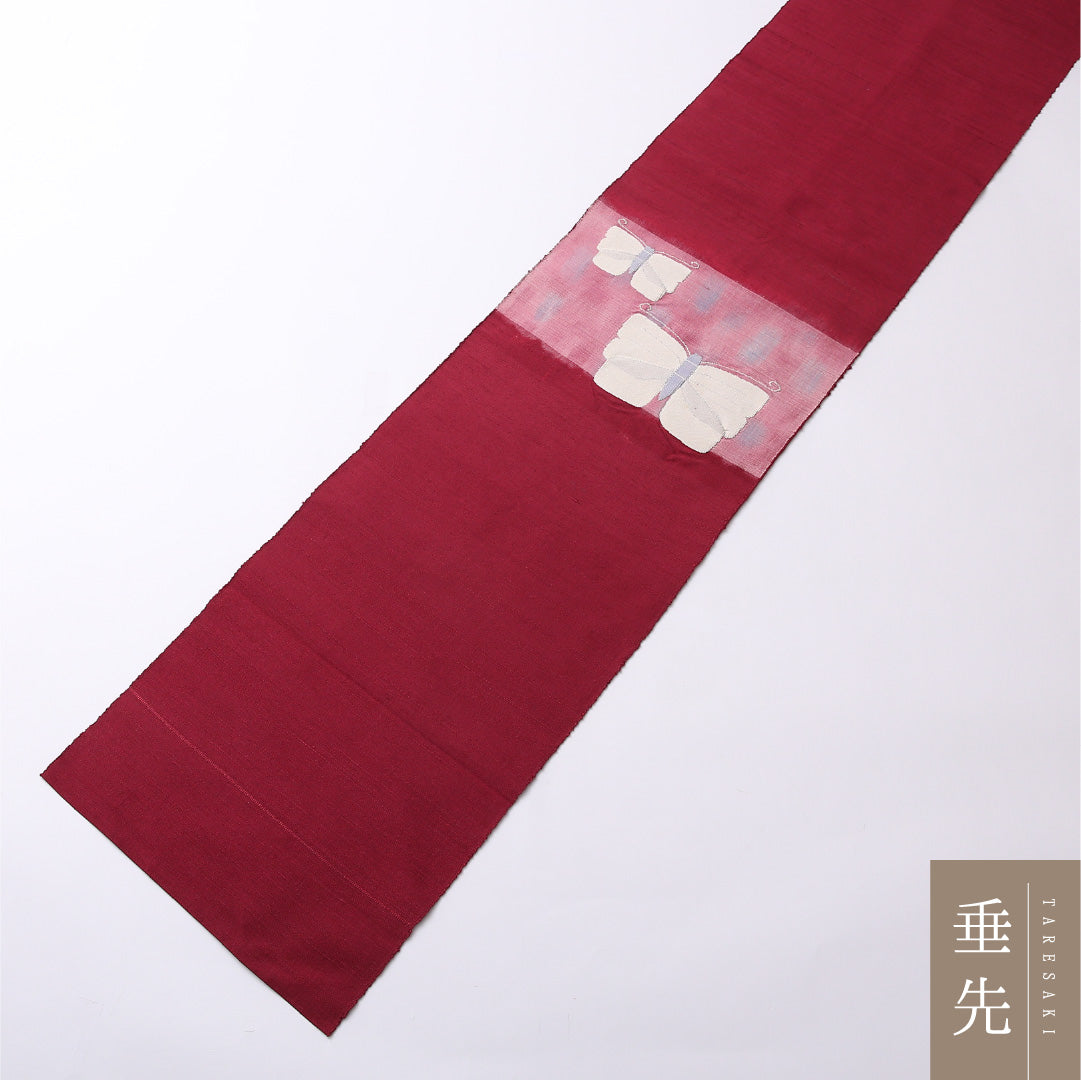 八寸名古屋帯 Sランク 帯丈340cm 正絹 ポイント柄 開き仕立て 織り カジュアル 紬 蝶 赤系 LP 1245-02718