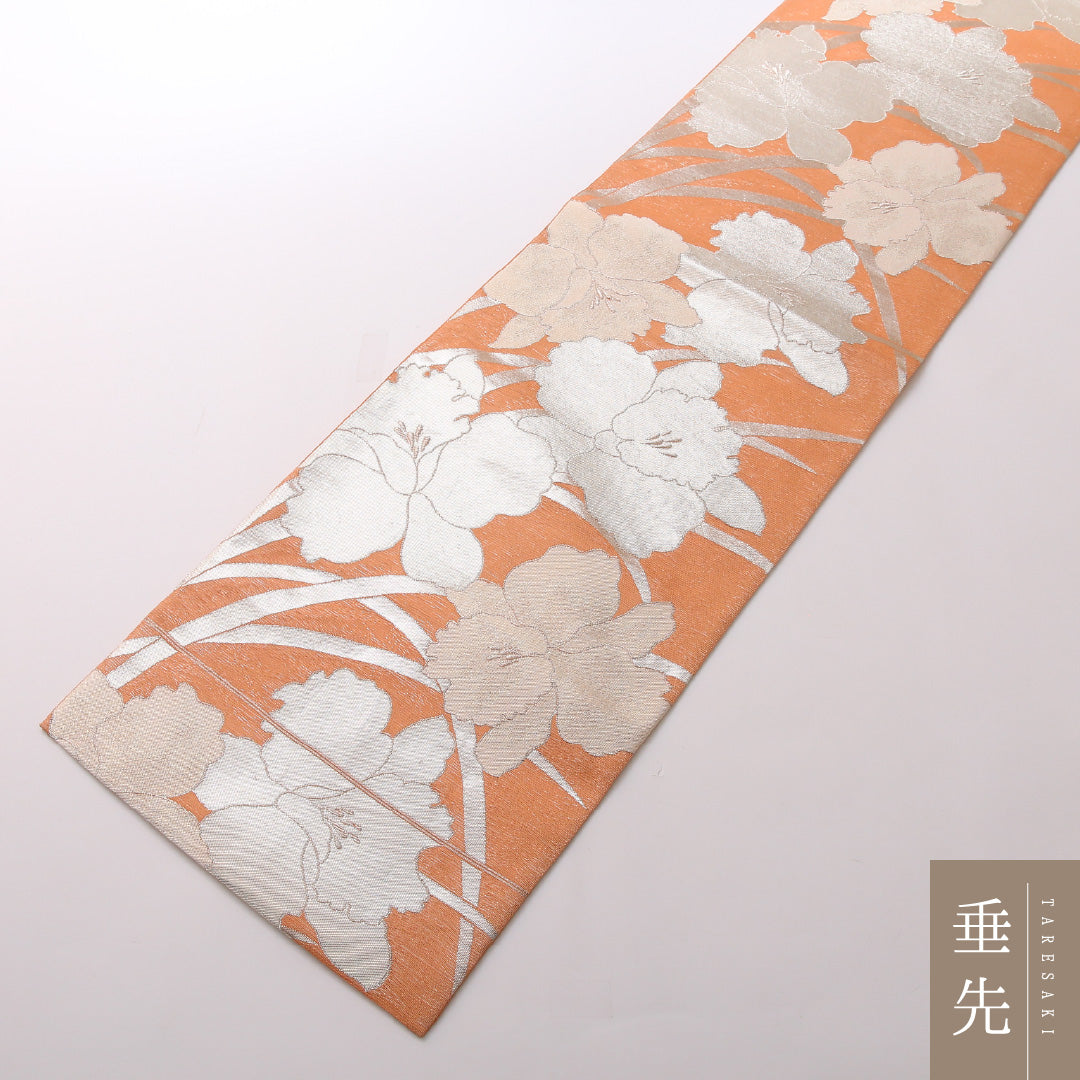 袋帯 帯丈442cm 正絹 六通 セミフォーマル 牡丹 朱系 1243-01641