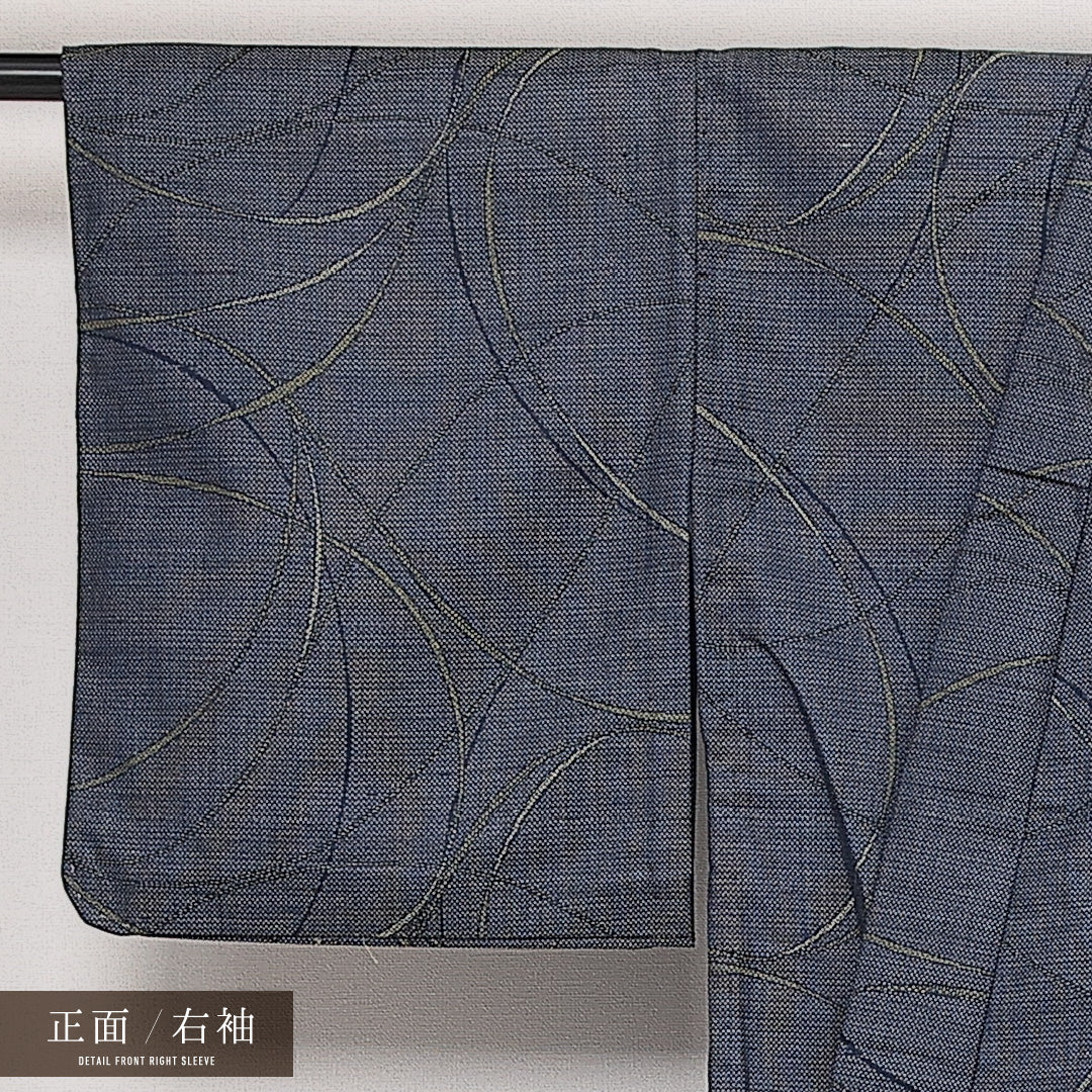 洗える着物 ウールの紬 単衣 身丈152cm 裄丈65cm ウール Aランク カジュアル Sサイズ 居敷当て 創作柄 紺系 HP 1223-13978