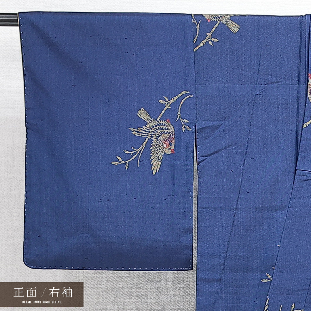 アンティーク お召 袷 身丈151cm 裄丈59cm 正絹 Aランク Sサイズ バチ衿 鳥 青系 1265-14878
