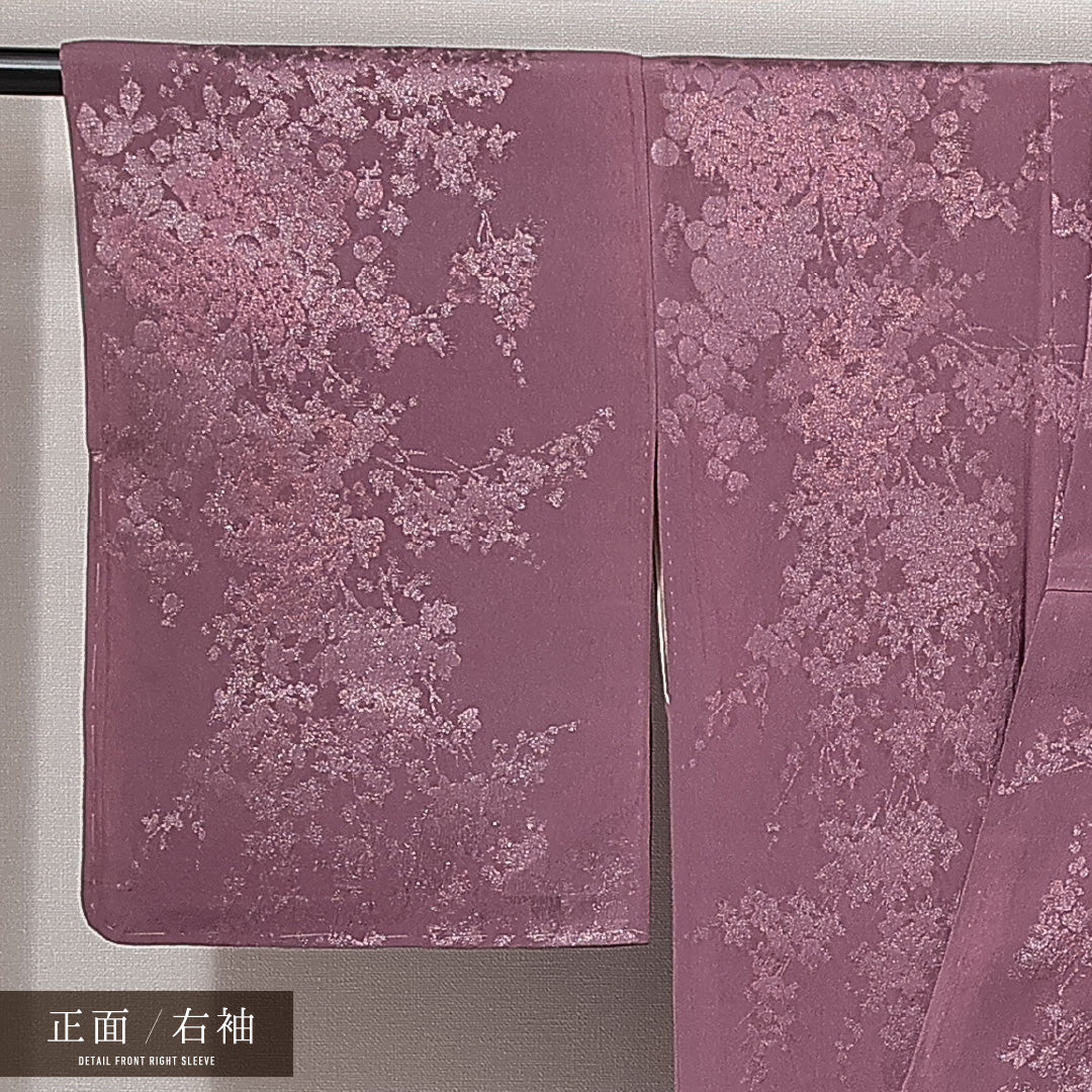 アンティーク 小紋 袷 身丈147cm 裄丈61cm 正絹 Aランク XSサイズ 広衿 ちりめん 織り出し 植物柄 漆糸 紫系 1215-14823