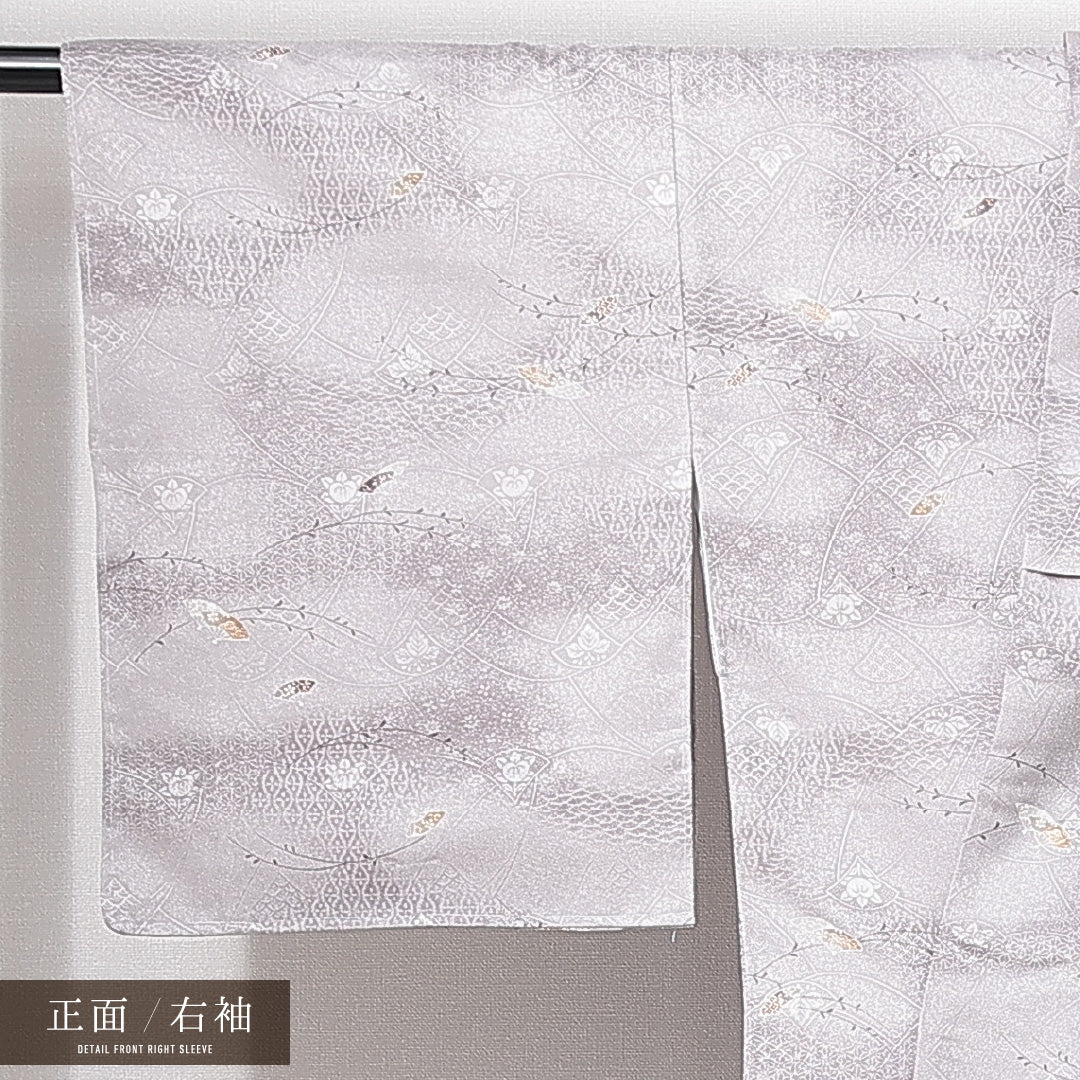洗える着物 小紋 袷 身丈158cm 裄丈62cm ポリエステル Aランク インフォーマル 広衿 Mサイズ 扇 吉祥文様 グレー系 RP 1221-14904