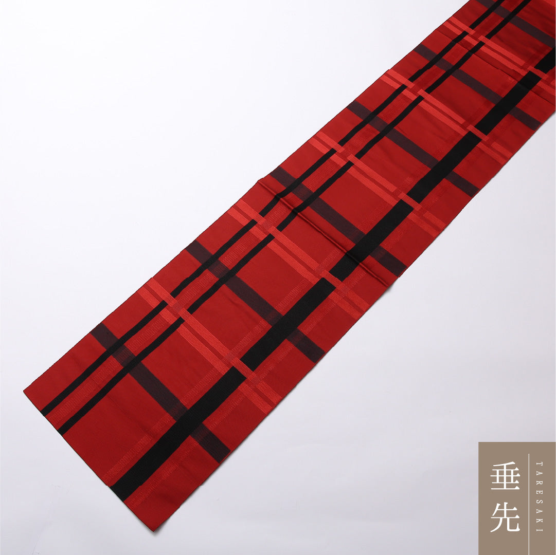 未使用品 八寸名古屋帯 Nランク 帯丈346cm 正絹 全通 松葉仕立て 織り カジュアル しつけ糸 格子 赤系 HP 1245-02493