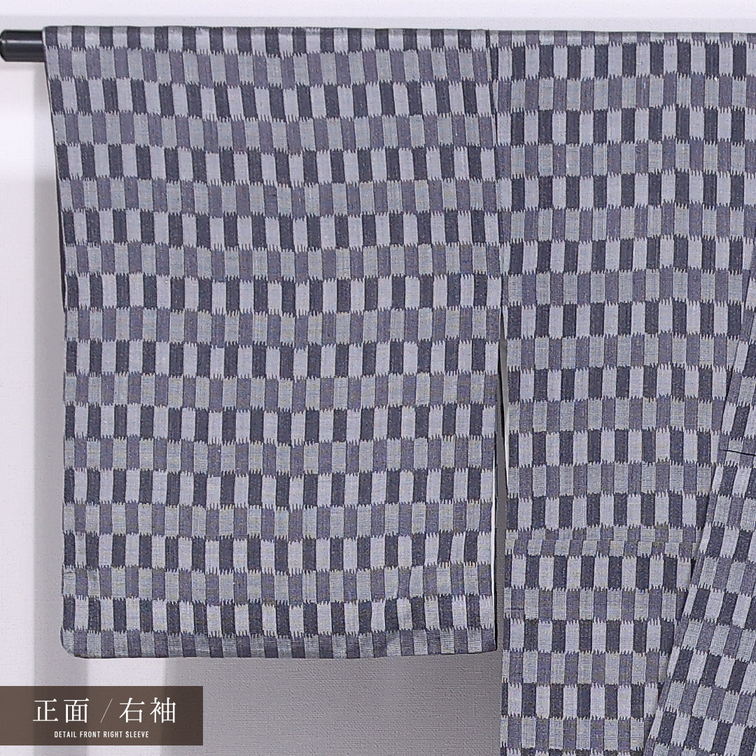 紬 袷 身丈162cm 裄丈66cm 正絹 Sランク カジュアル 広衿 Lサイズ 市松 グレー系 RP 1223-11734