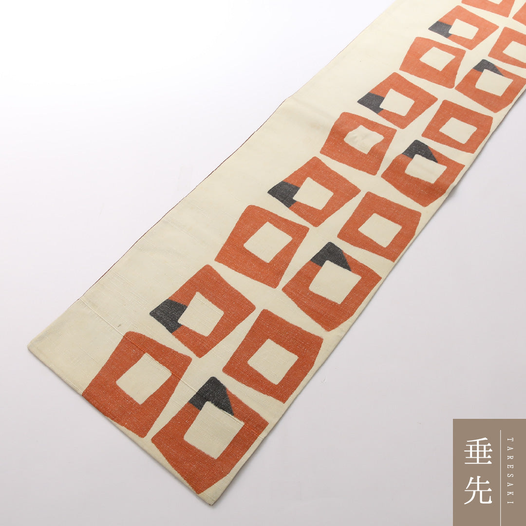 袋帯（紬） 帯丈442cm 正絹 全通 カジュアル 創作柄 クリーム系 1243-01673