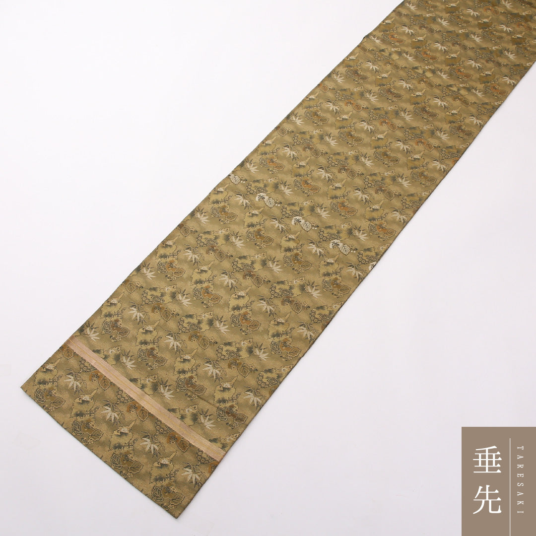 アンティーク 丸帯 帯丈372cm 正絹 全通 植物柄 緑系 ベージュ系 1242-01484