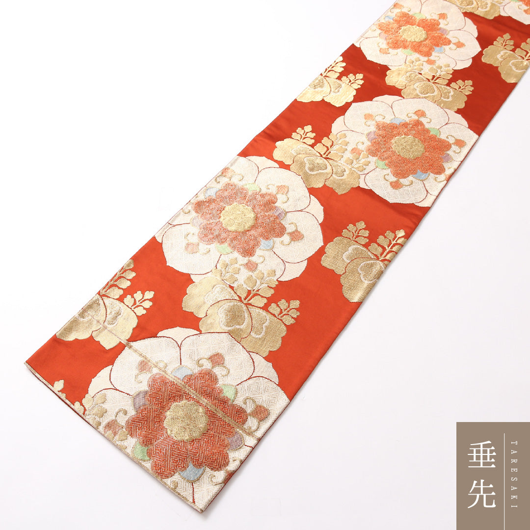 袋帯 帯丈414cm 六通 フォーマル Aランク 正絹 華文 桐 古典的 華やか 赤系 1223-01737